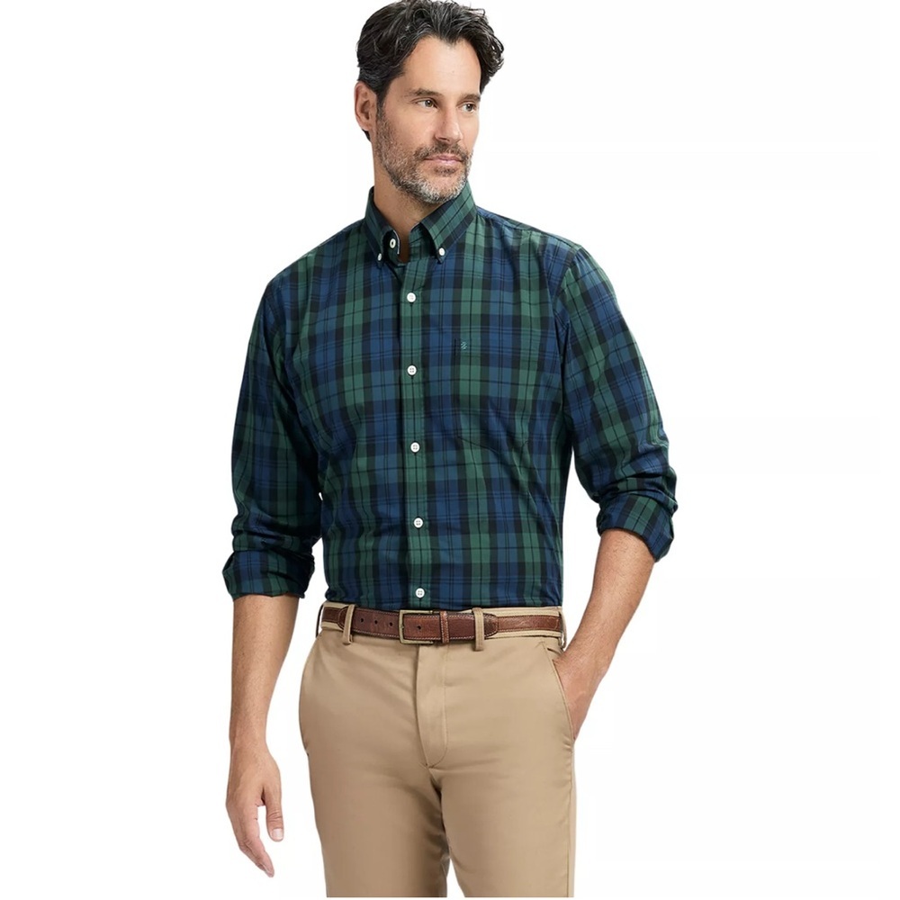 Izod Green Blue Plaid Casual Shirt